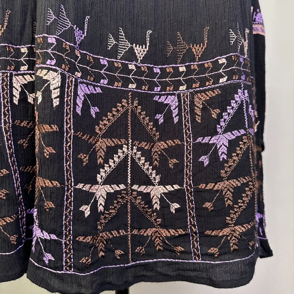 Free People‎ Black Embroidered Mini Dress Small Long Sleeve Open Back Boho